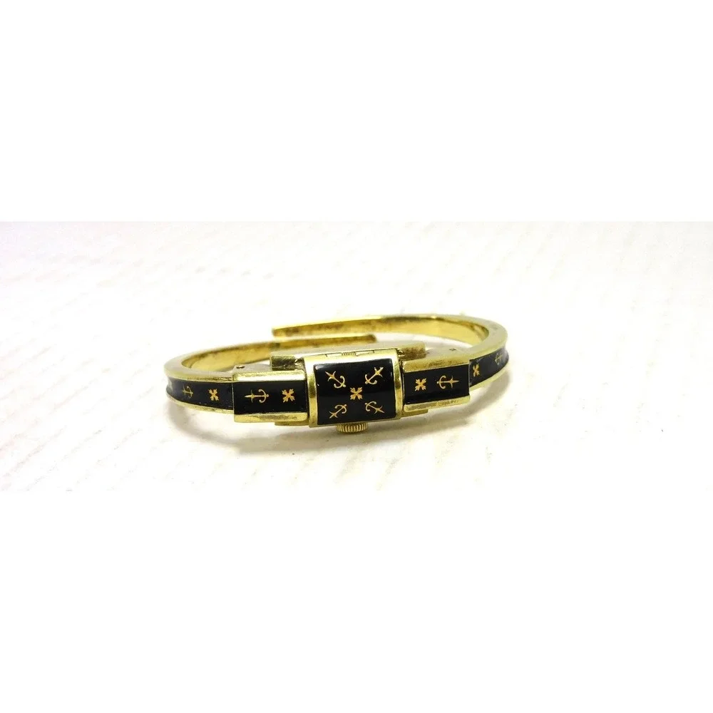 Vtg Swiss Hidden Face Watch Bangle Bracelet Black Enamel Gold Tone JC245
